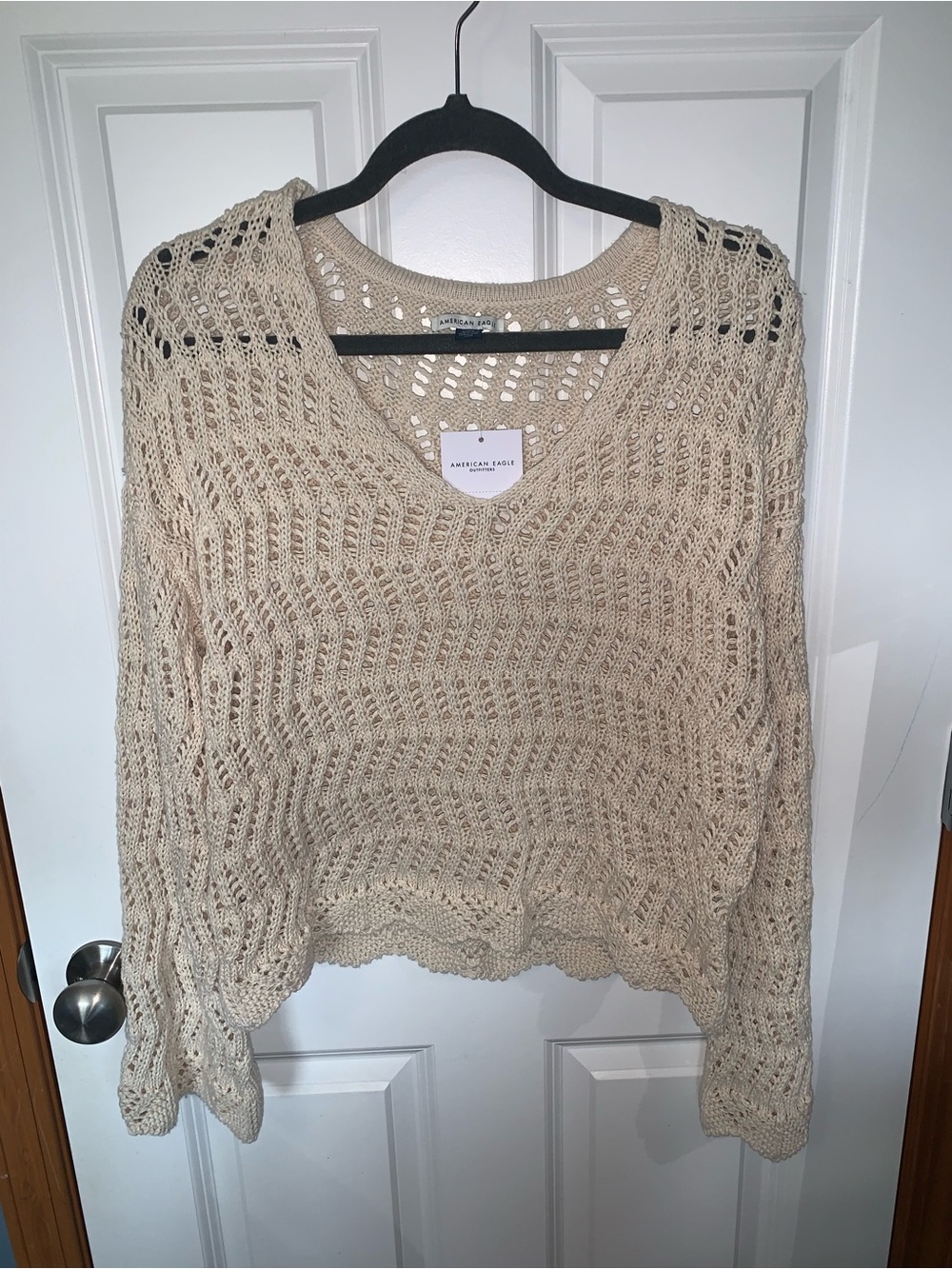 American Eagle Outfitters Tan Crochet V-Neck Sweater